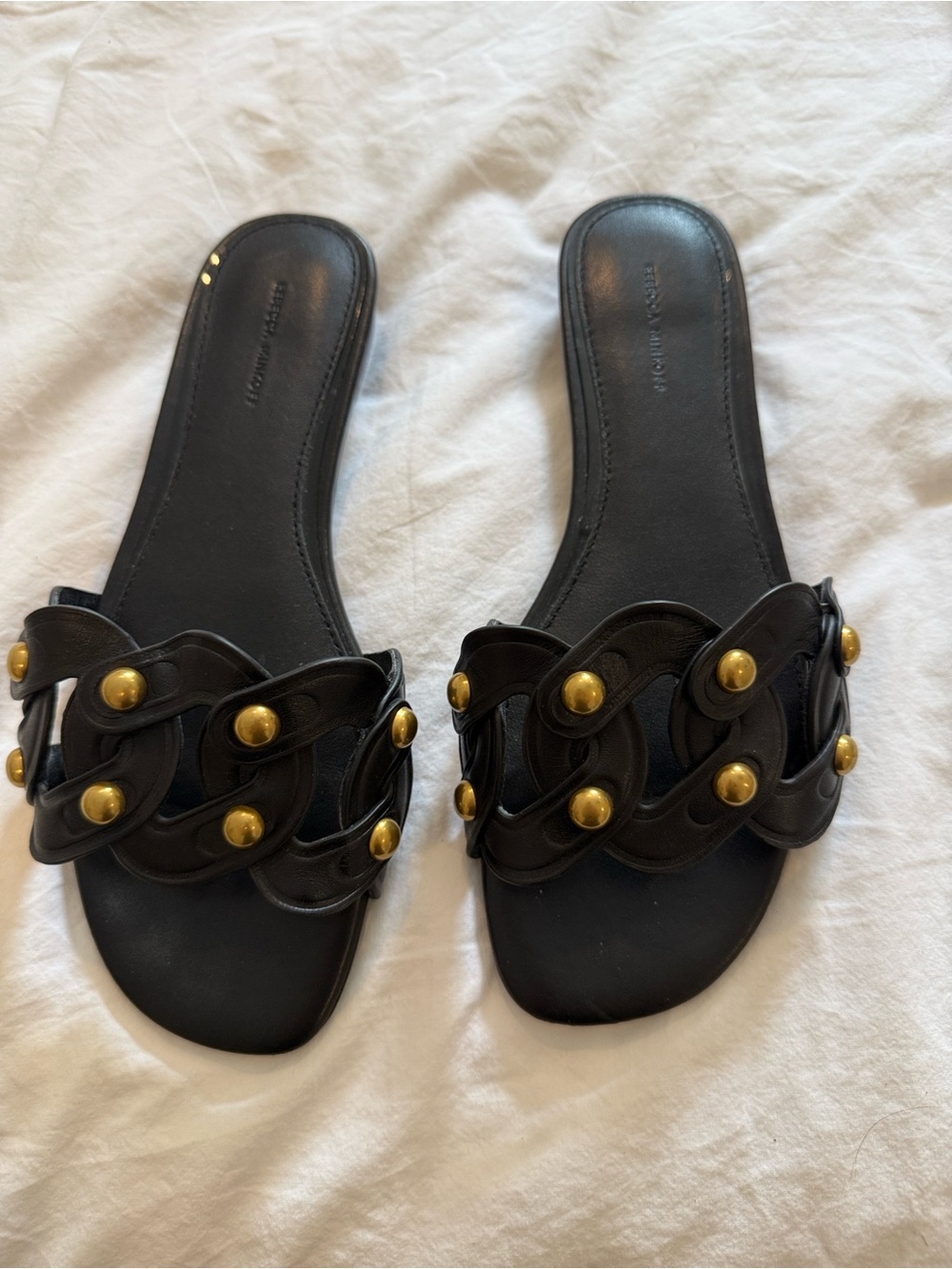 Rebecca Minkoff Black Leather Slide Sandals with Gold Studs